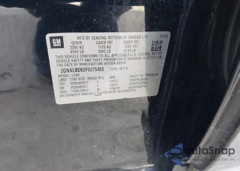 2015 Chevrolet Equinox 1Lt from USA, damaged, VIN 2GNALBEK5F6275453